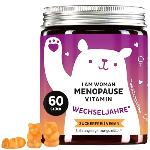 Bears with Benefits I am Woman Menopause Vitamin | 60 Stück | Vegane Unterstützung für die Wechseljahre - Bears with Benefits I am Woman Menopause – 60 vegane Gummibärchen für Frauen in den Wechseljahren. Zuckerfrei und mit wichtigen Nährstoffen für das Wohlbefinden. Einfache Einnahme mit natürlichen Aromen.