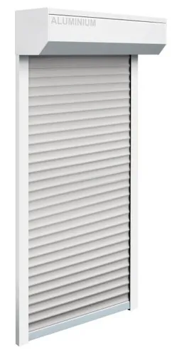 Schellenberg SB-Vorbau-Rollladen 110 x 130 cm, 45° Kasten in Weiß mit grauen Profilen - Außenanbau-Rollladen mit robustem 45° Kasten, bietet effektiven Sicht- und Sonnenschutz für Ihr Zuhause.