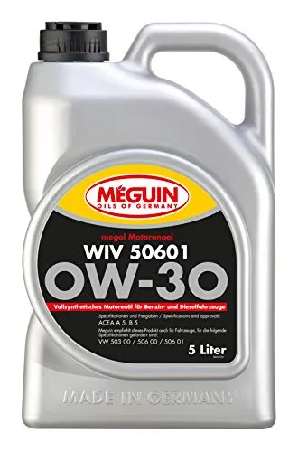Motoröl Meguin 6322 megol WIV 50601 SAE 0W-30 vollsynth. 5 Liter - Hochleistungs-Motoröl für optimale Motorpflege, ideal für moderne Fahrzeuge mit verlängerten Ölwechselintervallen.