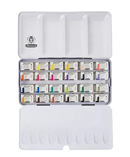 Schmincke Akademie Aquarell Metallkasten mit 24 Näpfchen - Premium Aquarellfarben im stabilen Metallkasten, ideal für Einsteiger. 24 brillante Farbtöne ermöglichen kreatives Mischen und höchste Ergiebigkeit – Made in Germany.