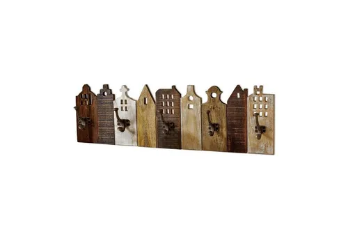 Loberon Hakenboard Pettis, Antik Veredelt mit Häuserfronten-Design - Wandgarderobe aus massivem Mangoholz mit eleganten Eisenhaken, ideal für einen charmanten und organisierten Eingangsbereich.