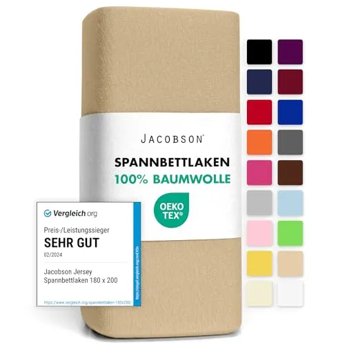 Jacobson Jersey Spannbettlaken Spannbetttuch Baumwolle Bettlaken (90x200-100x200 cm, Beige)