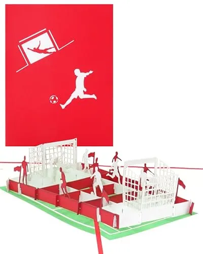 Pop Up Karte Fußballfan Rot & Weiß - 3D Fußball Geburtstagskarte & Einladungskarte zum Geburtstag von Fans von Bayern, Köln, Nürnberg, Mainz u.v.m.