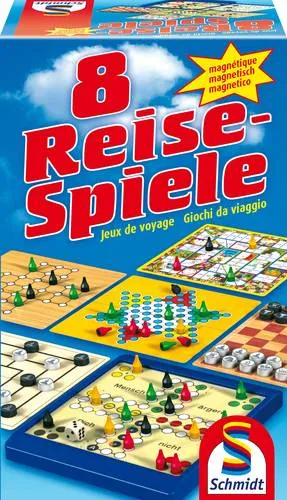 Schmidt Spiele 49102 - 8 Reise-Spiele - Gesellschaftsspiele mit magnetischen Spielplänen für 1 bis 4 Spieler, klappbares Spielbrett für einfachen Transport und optimalen Spielspaß.