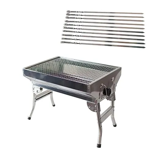 Mangal Angler Edelstahl-Grill mit Klappbeinen und 10 Spießen - Kompakter Holzkohlegrill aus rostfreiem Edelstahl, ideal für Angler und Outdoor-Enthusiasten. Leicht transportierbar und mit klappbaren Beinen für flexiblen Einsatz.
