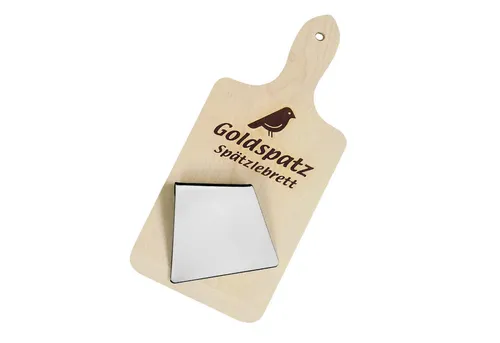 Goldspatz Spätzlereibe Goldspatz Spätzlebrett mit Spätzleschaber, Edelstahl, Goldspatz Spätzlebrett mit Spätzleschaber, Edelstahl, (Kochset, Küchenset, Spätzleset, Schaber mit oder ohne Gravur erhältlich), Traditionelles Spätzlebrett mit Edelstahlschaber und Rezept