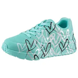 Skechers x JGoldcrown Uno Lite - Metallic Love Sneakers für Kinder - Größe 30 - Damenmode mit einzigartigem #Lovewall Design von JGoldcrown, luftgepolsterten Memory-Schaum-Einlegesohlen und stoßdämpfender Keilzwischensohle für optimalen Komfort.