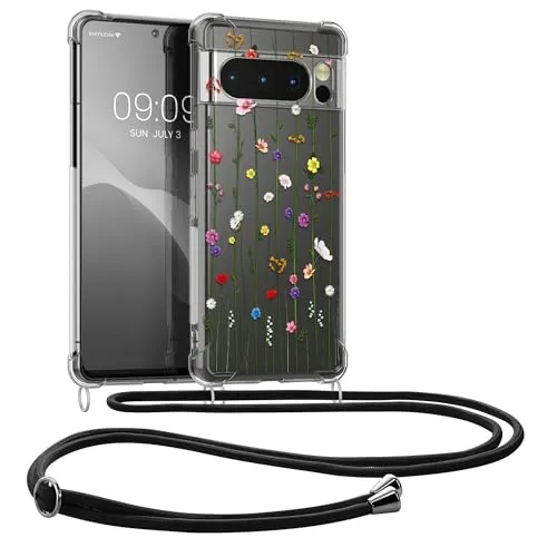 kwmobile Necklace Case kompatibel mit Google Pixel 8 Pro Hülle - Silikon Cover mit Handykette - Mehrfarbig Transparent Wildblumen Ranke