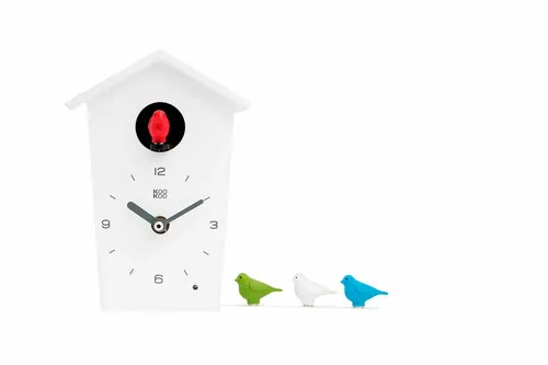 KOOKOO Birdhouse Mini Weiß - Design Kuckucksuhr mit 12 Vogelstimmen - Moderne Kuckucksuhr in Weiß mit 12 echten Vogelstimmen. Ein Lichtsensor sorgt für Ruhe bei Dunkelheit. Ideal als stilvolles Wohnaccessoire.
