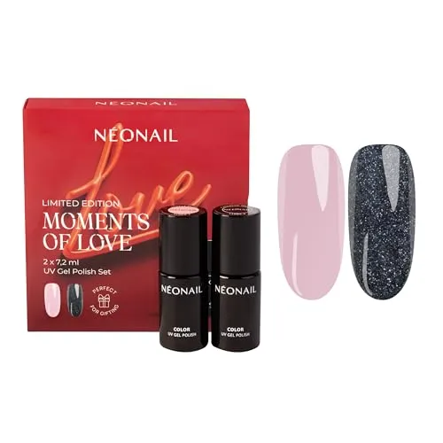 NÉONAIL UV Nagellack Set - Gel Nägel Set MOMENTS OF LOVE – NÉONAIL Farben - UV Lack - Gel Nägel - Nageldesign - Glänzendes Beige Simple Bliss 7,2 ml & Glitzerndes Schwarz Cheerful Nights 7,2 ml