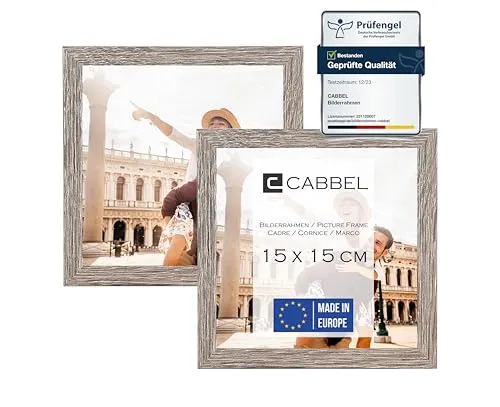 CABBEL Doppelpack (2er Set) Bilderrahmen 15x15 cm, Eiche Dunkel, stabiles MDF-Holz Rahmen, bruchsicherem Plexi-Glas, zum Aufhängen & Aufstellen, ideal für Fotos/Bilder/Collage