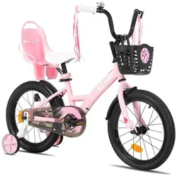 Joystar 16 Zoll Mädchenfahrrad mit Puppensitz und Korb, Kinderfahrrad mit Stützräder, Luftschlangen, vollständigem Kettenschutz, Schutzblechen - Rosa
