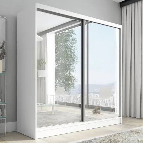 A&J MöbelLand Schwebetürenschrank Ivar 200 cm - Kleiderschrank mit 2 Türen und Spiegel, bietet optimierten Stauraum und kombiniert deutsche Handwerkskunst mit modernem Design für höchste Ansprüche.