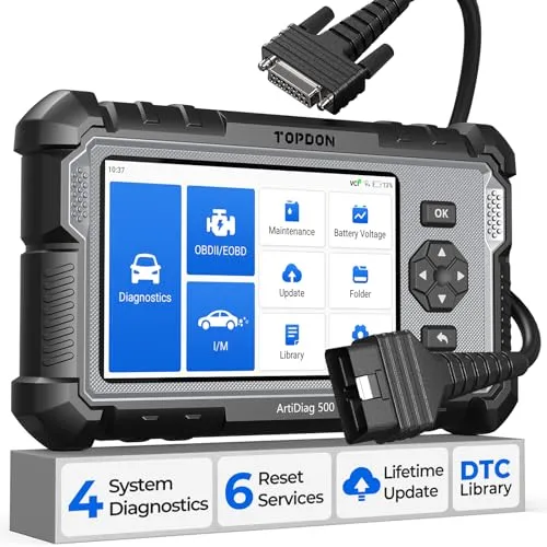 TOPDON OBD2 Diagnosegerät Auto AD500 - OBD-II Diagnosewerkzeuge mit 4 Systemdiagnosen für Motor, Getriebe, ABS und SRS sowie 6 Servicefunktionen für umfassende Fahrzeugwartung und kostenlose Lifetime-Updates.