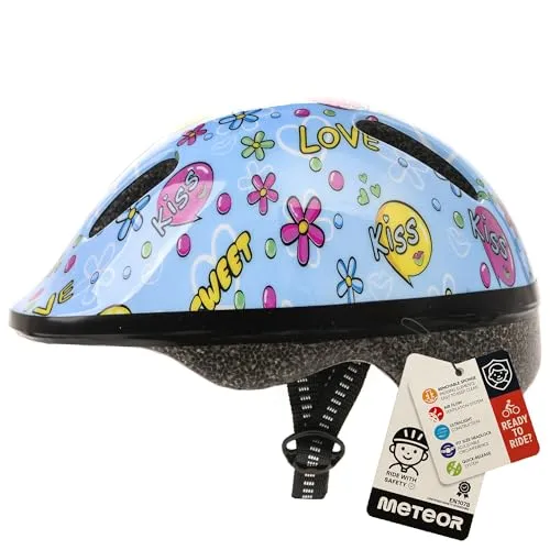 meteor-Kinder Fahrradhelm MV6-2 KISS Love, Größe S 48-52 cm - Sicherer Fahrradhelm für Kinder mit innovativem FIT SIZE-Headlock-System. Leicht, robust und in bunten Designs erhältlich – für maximalen Schutz und Komfort bei jedem Abenteuer.