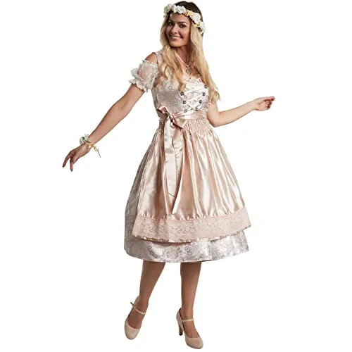 dressforfun 950028 Midi-Dirndl – Elegantes Dirndl in Beige und Silber - Dirndl für Damen mit feiner Schnürung aus Strasssteinen, Rüschen und Spitzenborte am Ausschnitt, perfekt für festliche Anlässe.