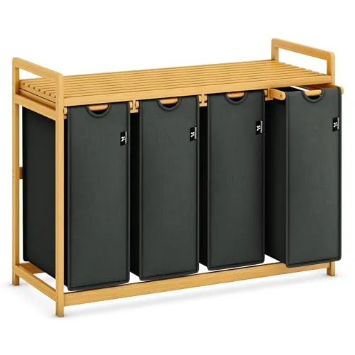 AdelDream Wäschekorb mit Bambusrahmen 200L - 4 Fächer für optimale Vorsortierung - Wäschekörbe mit 4 Fächern und abnehmbarem Wäschesack, ideal für effizientes Vorsortieren von Kleidung und vielseitige Nutzung im Badezimmer oder als Organizer.