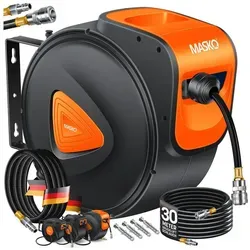 MASKO Hochdruckschlauch Aufroller 30 m – Automatik Druckluftschlauch Trommel - Praktischer 30 m Druckluftschlauch mit Wandhalterung, ideal für eine ordentliche und sichere Aufbewahrung. Robuste Bauweise in leuchtendem Orange.