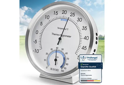 MAVORI Raumthermometer und Hygrometer - analoges Edelstahl-Design, batteriefrei und präzise Messung von Temperatur und Luftfeuchtigkeit