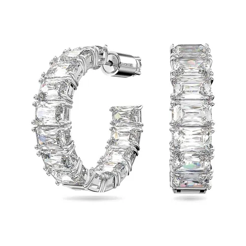 Swarovski Matrix Kreolen - Weiße Rhodinierte Ohrringe mit Klaren Swarovski Kristallen - Ohrringe für Damen mit brillantem Achteck-Schliff, minimalistischem Design und schillernden Details für einen glamourösen Look, ideal als Geschenk.
