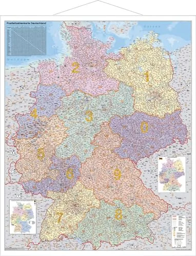 Stiefel Eurocart Postleitzahlen-Karte Deutschland 1 : 750 000 - Wandkarte im Großformat mit Metallstäben, ideal für eine präzise Orientierung und Planung, perfekt für Büros und private Nutzung.