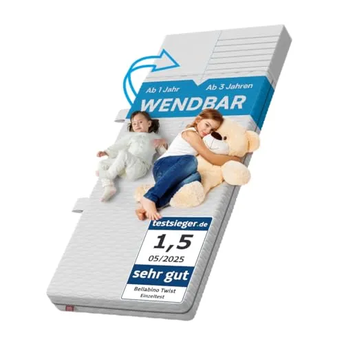Bellabino Kindermatratze Twist 90x200 - Wendbare Matratze für Babys und Kinder - Kindermatratze mit 7 Zonen und zwei Härtegraden (H1/H2) für optimale Unterstützung während des Wachstums. Ideal für Allergiker, mit waschbarem Bezug für hygienischen Schlaf.