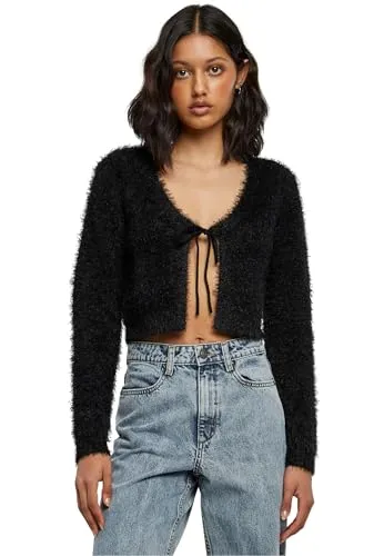 Urban Classics Damen Strickjacke Tied Cropped Feather Cardigan Black XXL - Moderne Strickjacke für Damen mit Slim Fit, ideal für stilvolle Looks. Aufwändig gestaltete Bündchen und Musterwechsel sorgen für einen besonderen Touch.