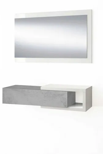 Habitdesign Noon Flurmöbel mit Schublade und Spiegel - Garderoben Komplettprogramme, modernes Design in Artik Weiß und Zement, optimiert für platzsparende Wandmontage und stilvolle Eingangsdekoration.