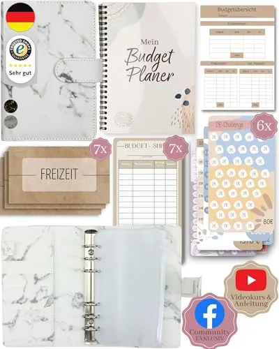 BeginnerBudget® Budget Planner Deutsch - Starterset mit Sparchallenge Budgetplaner - Sparen mit Umschlagmethode + Anleitung - Ringbuch A6 - Binder A6 Marmor-Style (Weiß (mit Budgetplaner))