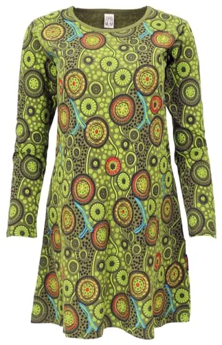 GURU SHOP Hippie Minikleid Boho Chic - Grün, Damen, Baumwolle, Size:L - Freizeitkleider für Damen, farblich abgesetzte Goa Tunika mit einzigartiger Stickerei, ideal für einen entspannten Boho-Look.