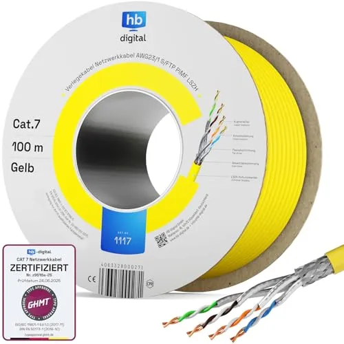 HB-DIGITAL 100m CAT 7 Netzwerkkabel LAN Kabel Verlegekabel Ethernet Installationskabel 10 Gbit/s - reines Kupfer AWG23 S/FTP - GHMT Zertifiziert LSZH Datenkabel Simplex - Gelb