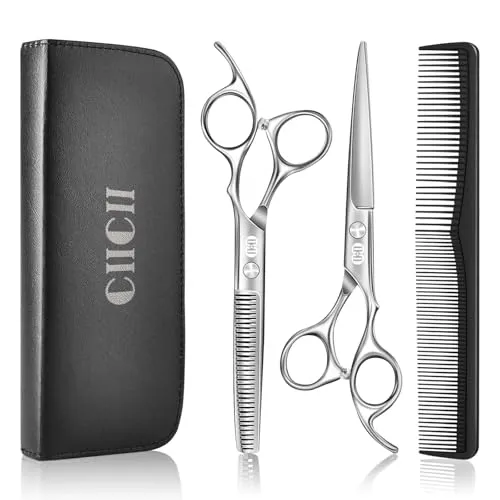 CIICII Friseurschere, Haarschneideschere Profi Set (6,7 Zoll Haarschere & Effilierschere) Haar Bart Trimmen Formung Pflege für Männer Frauen Haustiere Familie Friseursalon (Silber)