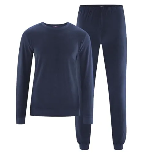 Living Crafts - BJÖRN | Schlafanzug Herren lang, frottee Schlafanzug, Pyjama Bio-Baumwolle, Perfekte Passform, Rippbündchen und elastischer Hosenbund (M, Navy)