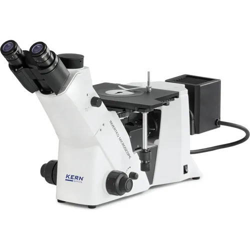 KERN OLM 171 Metallurgisches Mikroskop Trinokular 50 x - Mikroskop mit ergonomischem Design, ideal für Oberflächen-Qualitätsprüfungen in der Industrie. Stufenlos regelbare 50W-Halogenbeleuchtung und trinokularer Tubus für optimale Ausleuchtung und Bildgebung.