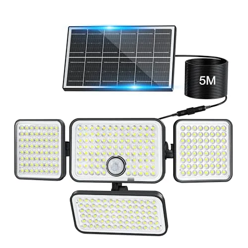 Realky Solarlampen für Außen mit Bewegungsmelder,Solarleuchte mit 288LED Solar Strahler IP65 Wasserdichte Aussenleuchte mit 5m Kabel für Garage, Carport, Garten, Terrasse, Haustür, Veranda,Straßen