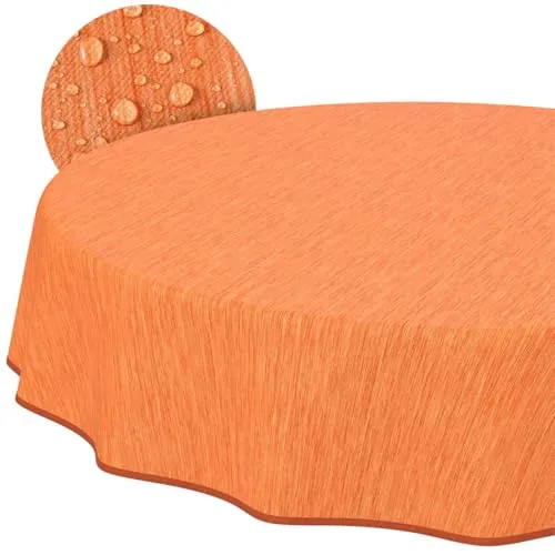 Tischdecke abwaschbar Wachstuch Wachstuchtischdecke Gartentischdecke Leinen-Optik Pflegeleicht Wasserabweisend 120cm (Rund) Orange mit Saum
