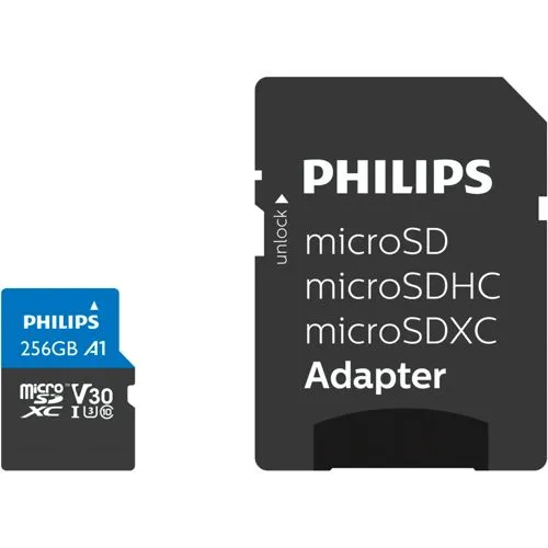 Philips Micro SDXC Karte 256GB Ultra Pro UHS-I U3 V30 A1 - Speicherkarten der Klasse 10 mit 256 GB für schnelle Datenübertragungen, ideal für Kameras und Smartphones.