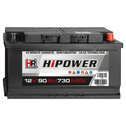 HR HiPower 12V 90Ah Starterbatterie - Batterien, wartungsfreie Blei-Säure-Batterie mit hoher Startreserve, ideal für PKWs, auch bei Kälte zuverlässiger Start