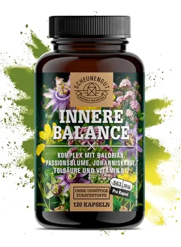 INNERE BALANCE® Johanniskraut Baldrian Passionsblume Kapseln - Hochdosierte Pflanzenkraft für Ihr Wohlbefinden - Pflanzliches Ergänzungsmittel Johanniskraut, ideal zur Unterstützung der psychischen Funktion mit hochdosiertem Hypericin und Vitamin B12 - für Ihre innere Balance.