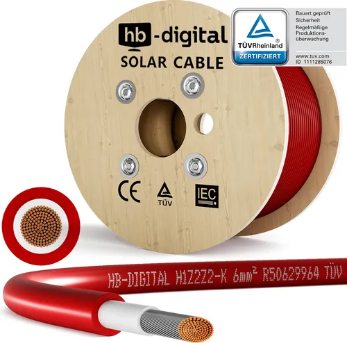 HB-DIGITAL Solarkabel 6mm2 - TÜV-zertifiziertes PV Kabel für Photovoltaikanlagen - Hochwertiges Solarkabel H1Z2Z2-K, ideal für Photovoltaik, mit hoher Temperaturbeständigkeit und UV-Schutz für langfristige Nutzung.