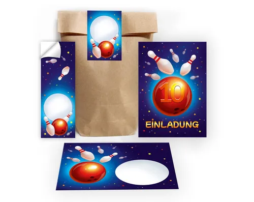 JUNAPACK Einladungskarten Bowling zum 10. Geburtstag Einladungen Karten mit Umschlägen Mitgebsel, Mitbringsel Set Bowling zum zehnten Geburtstag Gastgeschenke
