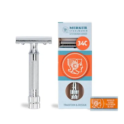 MERKUR Rasierhobel 34C | Kompaktgriff Glanzchrom | Zweiteiliger Rasierer mit geradem Schnitt | Geschlossener Kamm | Ideal zur Nassrasur | Zinkdruckguss | Schweres Griffstück | Made in Germany