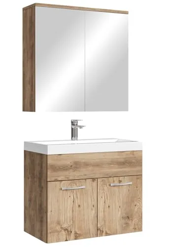 Badezimmer Badmöbel Set Montreal 01 - Komplettprogramm für Badezimmer mit hochwertigem Unterschrank, Kunstmarmor-Waschbecken und Spiegelschrank - ideal für stilvolle und funktionale Badezimmergestaltung.