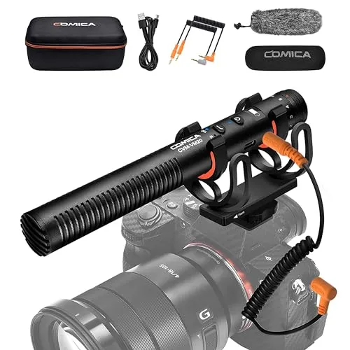 COMICA VM20 Super Cardioid Kamera-Mikrofon mit OLED-Display - Hochwertiges Shotgun-Mikrofon für DSLR und Smartphones, mit zwei Low-Cut-Filtermodi zur Rauschunterdrückung und einer langen Akkulaufzeit von über 60 Stunden für ununterbrochene Aufnahmen.