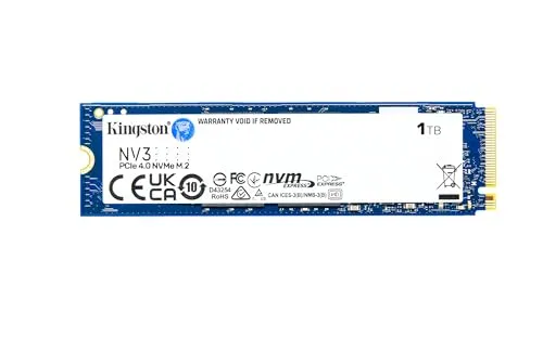 Kingston NV3 NVMe PCIe 4.0 Interne SSD 1TB M.2 2280 - Hochleistungs-SSD mit Gen 4x4 NVMe PCIe, ideal für schnelle System-Upgrades. Mit bis zu 6.000 MB/s Lese- und 5.000 MB/s Schreibgeschwindigkeit bietet sie viel Speicherplatz für Dateien und Spiele.