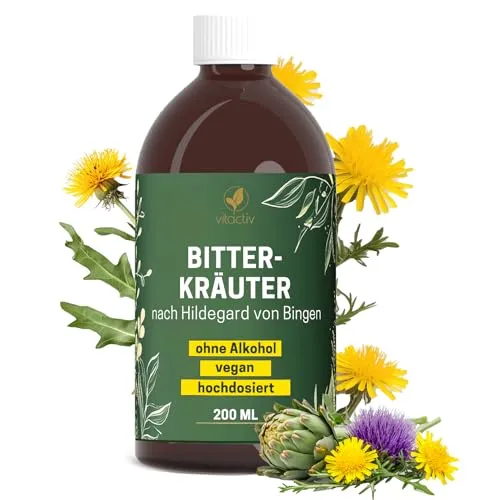 Vitactiv BITTERKRÄUTER - Bittertropfen ohne Alkohol, 200ml - Präparate zur Entgiftung & Detox-Kur mit 14 erlesenen Kräutern und wertvollen Spurenelementen. Ideal für eine natürliche Unterstützung nach dem Essen – vegan, zuckerfrei und ohne künstliche Zusätze.