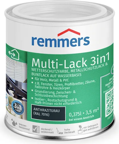 Remmers Metallschutzlack Multi-Lack 3in1 - 0,375 Ltr - Metallschutzlacke, wetterfest und vielseitig einsetzbar für Holz, Metall & PVC mit hervorragendem Korrosionsschutz und geringer Vergilbungsneigung.