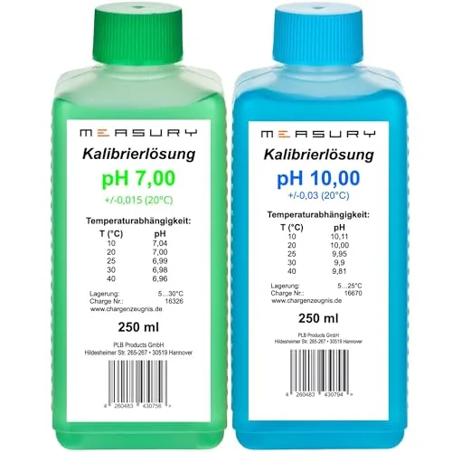 Measury pH Kalibrierlösung 7.00 und 10.00 - hergestellt in Deutschland, pH Pufferlösung je 250ml, Eichlösung Grün/Blau, Kalibrierflüssigkeit Set Eichflüssigkeit