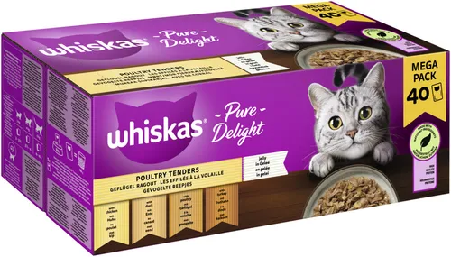 Whiskas Adult 40x85g Geflügel Leckerlis - Leckeres Feuchtfutter für Katzen mit hochwertigem Protein in zartem Gelee. Ideal für eine ausgewogene Ernährung und tägliche Freude. Ohne künstliche Farb- oder Konservierungsstoffe.