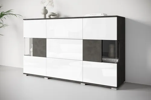 INOSIGN Sideboard Kenia – 150 cm, 3 Schubladen und 6 Fächer - Kommode mit Glastüren und eleganter Hochglanz-Oberfläche, ideal für modernes Wohnen und viel Stauraum.
